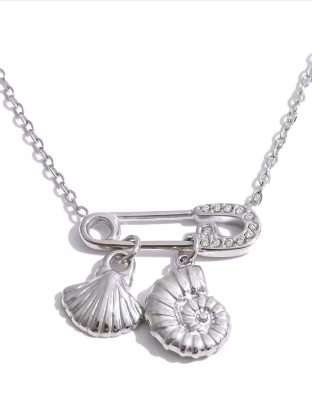 Dainty Silver Beach Safety Pin Charm Necklace